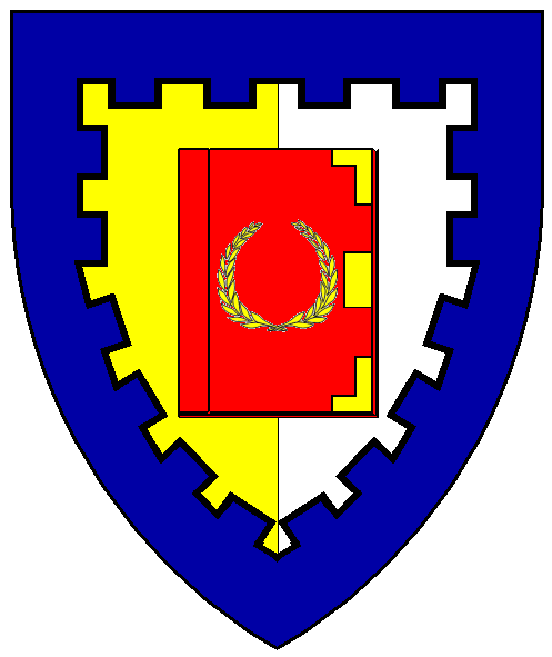 Per pale Or and argent, a closed book palewise, spine to dexter, gules, clasped and charged with a laurel wreath Or, all within a bordure embattled azure