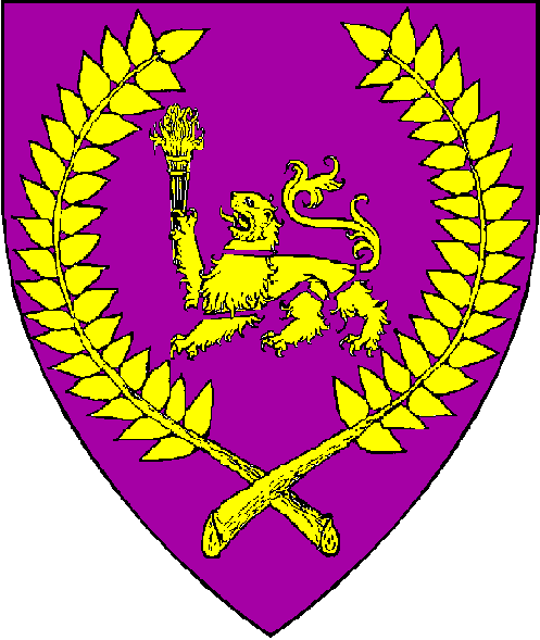 Purpure, a lion passant dismembered, maintaining a torch, within a laurel wreath Or.