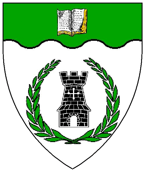 Argent, a tower sable within a laurel wreath, on a chief wavy vert an open book argent bound Or.