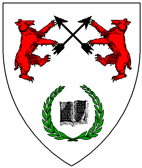 Argent, two she-bears combattant gules, maintaining between them two arrows inverted in saltire, in base an open book tergiant sable within a laurel wreath proper.